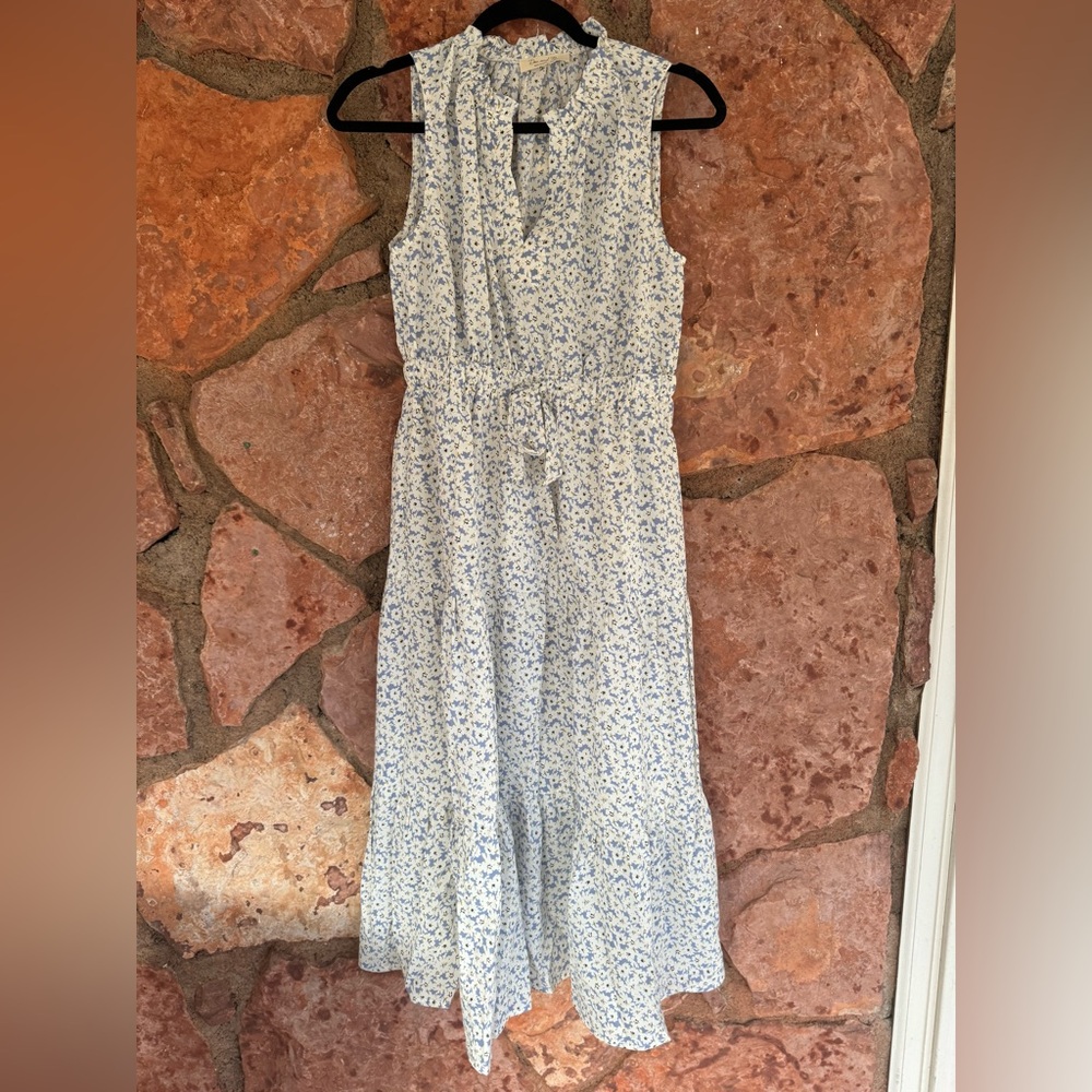 Blue black ivory floral ruffled smocked waist v neck boho midi maxi dress